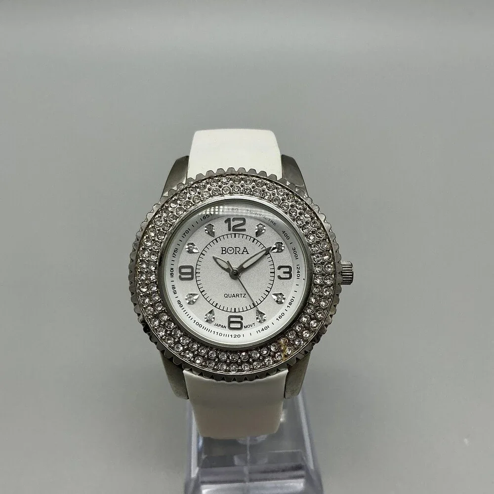 BORA Womens Watch 39mm Silver Tone White Silicone Crystals New Battery